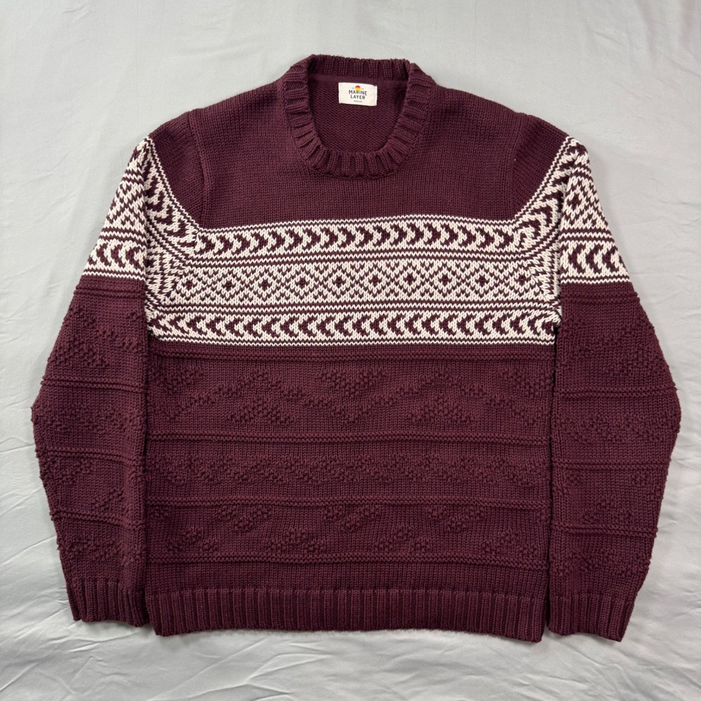 Marine Layer Fair Isle Textured Chunky Knit Sweater Mens M Burgundy Holiday